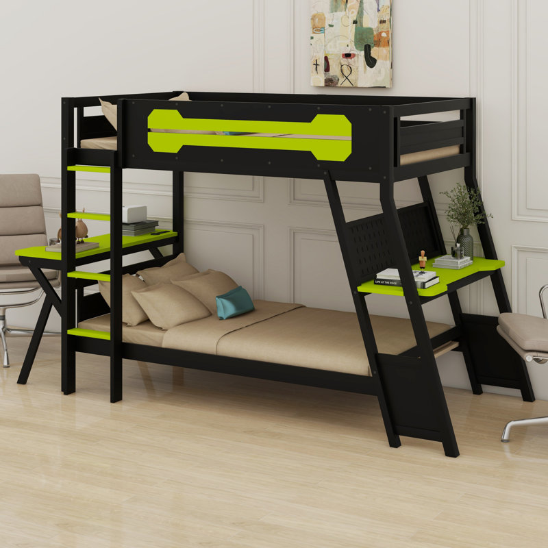 Lit superposé double pour bureau avec ports USB et rangement perforé, Lit simple, Noir/vert
