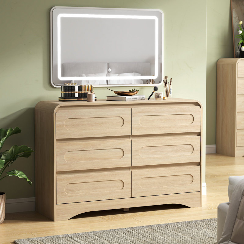Commode pour chambre à coucher, commode de ferme de 47 po avec rangement, commode à 6 tiroirs, conception à bord courbé, commode de style maison de campagne pour chambre à coucher, salon ou couloir