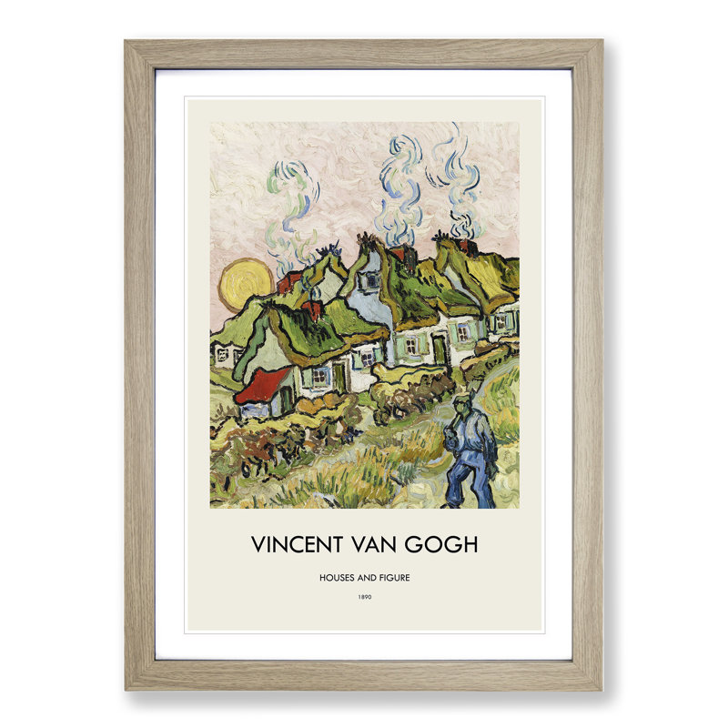 Houses and Figure by Vincent Van Gogh - Picture Frame Painting, 65cm H x 48cm W x 2cm D, Oak Framed