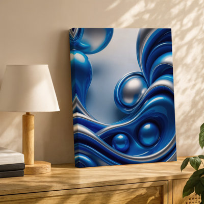 Toile, composition abstraite envoûtante avec formes tourbillonnantes fluides dans un art mural riche, nuances de bleu profond et d'art mural sur toile argenté chatoyant
