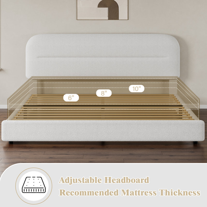 Queen White Boucle Upholstered Platform Bed Frame with Headboard