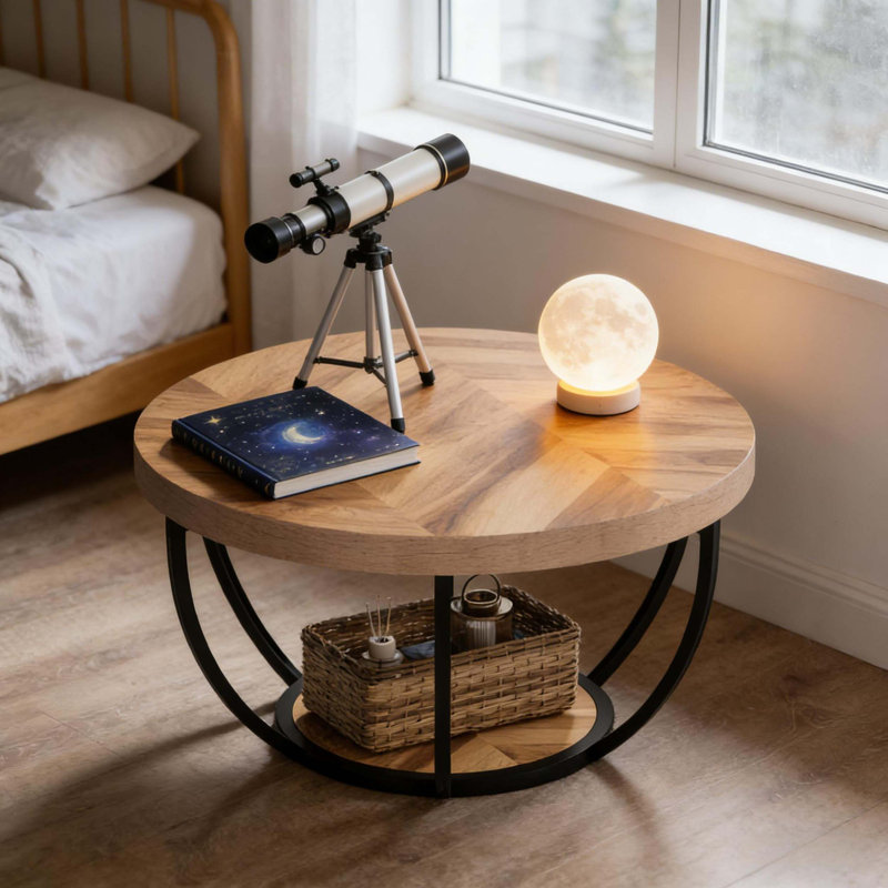 Table basse ronde en bois avec une conception à deux niveaux, une structure en métal robuste, une surface lisse et une finition en grain de bois intemporel pour les espaces de vie modernes.