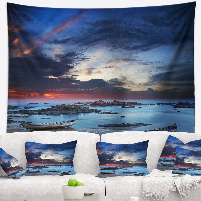Tapisserie en polyester de bateaux asiatiques traditionnels avec accessoires suspendus inclus, H 32 po x l 39 po