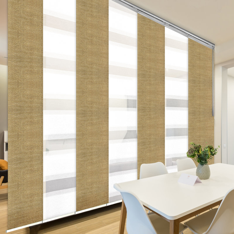 Rail de 7 panneaux extensibles à rail simple l 110 po -153 po x H 94 po, largeur de panneau 23,5 po, Macadamia, canari, Blanc