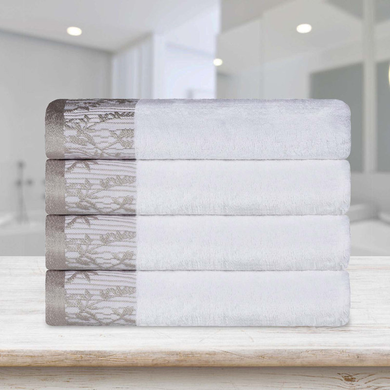 Ensemble de serviettes de bain en coton de poids moyen à bordure florale en jacquard pour la salle de bain Carinna, Blanc
