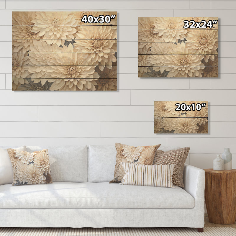 Minimalism Blooming Mums Painting In Beige And Gold I - Mums Wood Art On Natural Pine Wood, 24" H x 32" W