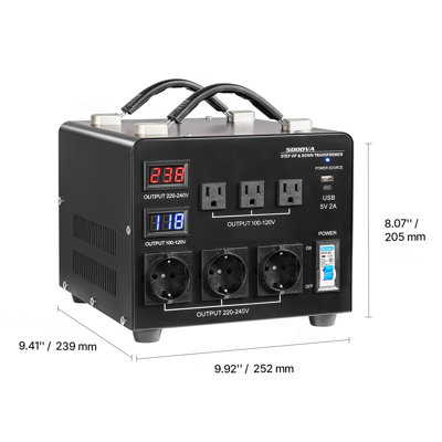 Voltage Auto Converter Transformer, 5000VA, Heavy Duty Step Up/Down Power Transformer, 110V to 220V and 220V to 110V, with 3 US Outlets, 3 EU Outlets, LCD Display, Circuit Breaker Protection