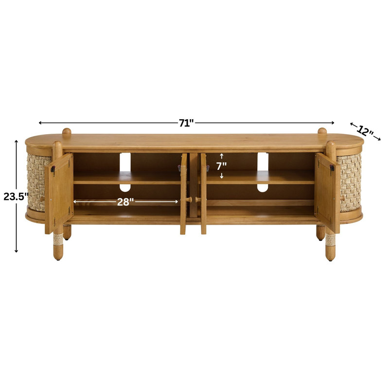 Arnkell Wood And Seagrass TV Stand With Storage, Light Oak