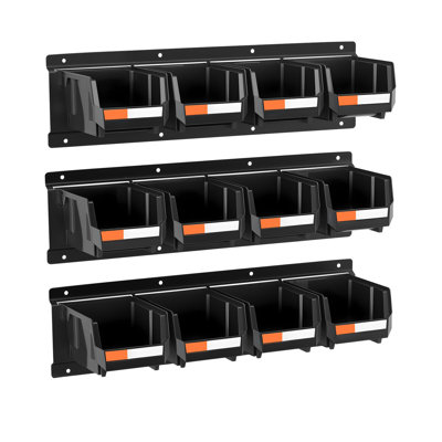 Bacs de rangement muraux, 12 bacs en plastique et 3 rails en métal, bac de rangement empilable en plastique pour vis, écrous, boulons, clous, organisateur d'outils de quincaillerie pour atelier, salle d'artisanat, garage, noir