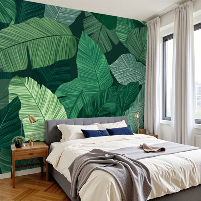 Papier peint adhésif à motif de feuilles vertes tropicales avec textures variées et abat-jour vert H 100 po x l 144 po, papier mural amovible en PVC pour décoration de salon