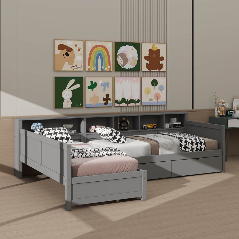 Structure de lit de jour simple en L en forme de L pour deux personnes, avec 3 tiroirs de rangement et une bibliothèque, lit d'angle pour la chambre à coucher