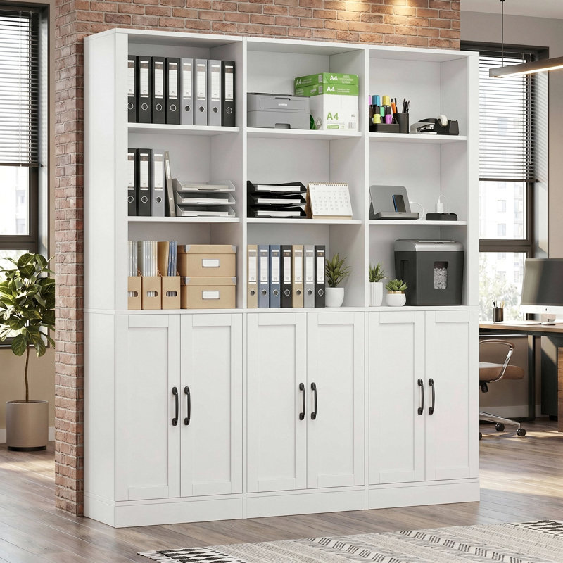 5-Tier 63"W Wide Tall Office Storage Cabinet, 70.1"H With 3 Open Shelf Rows & Three Double-Door Cabinets, White