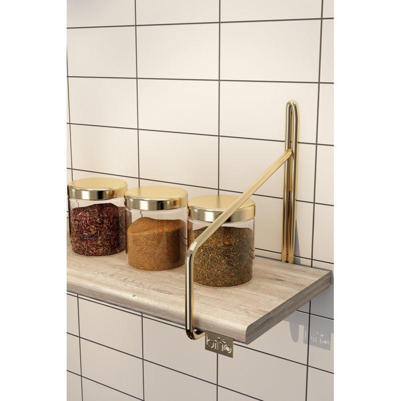 Tablette murale moderne en bois massif avec supports en métal, 5,9 x 5,9 x 23,6 pouces | Fabrication 100% bois massif, finition brune et dorée | Design industriel élégant, parfait pour la décoration et l'organisation de la maison