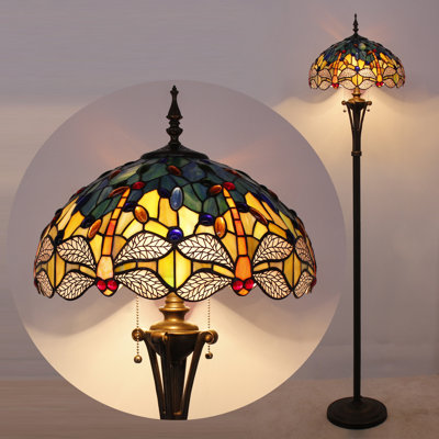 Tiffany Floor Lamp Blue Yellow Stained Glass Dragonfly Standing Reading Light 16X16X70 Inches Antique Pole Corner Lamp Decor Bedroom Office Living Room