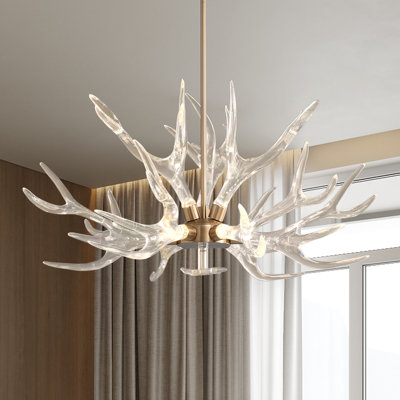Lustre de plafond à 9 lumières en bois de cerf de couleur dorée au design unique et moderne en métal durable avec abat-jour en acrylique transparent Éclairage à DEL intégré multidirectionnel câblé pour le salon, la salle à manger et la salle à manger