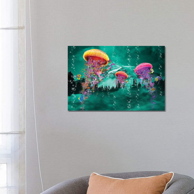 Electric Jellyfish In Front Of A Mountain by David Loblaw - Print on Canvas, 66.04 cm H x 45.72 cm W x 1.91 cm D