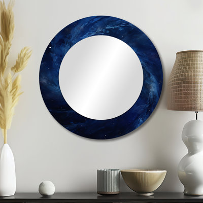 Blue Swirl Wave Spiral IV - Abstract Spirals Decorative Mirror, Blue Round Wall Mirror, Printed Metal Art
