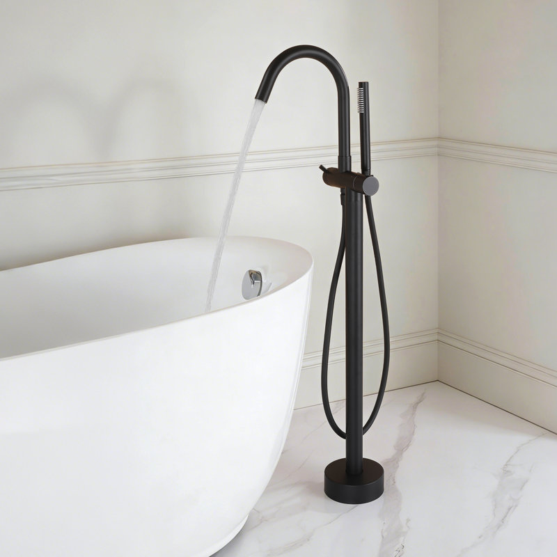 39"H Single Handle Floor Mounted Freestanding Tub Filler With Handheld Shower, Matte Black