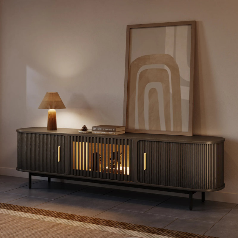 Mid-Century Modern Tambour Door TV Stand With LED Lights, Fully Assembled, Black, 21.25”H x 78.74”L x 15.75”W