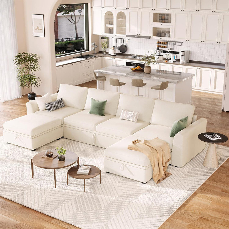 L-Shaped Sectional Sleeper Sofa with Pull-Out Bed & Storage, 5-7 Seat Chenille Couch for Living Room, Beige Chenille
