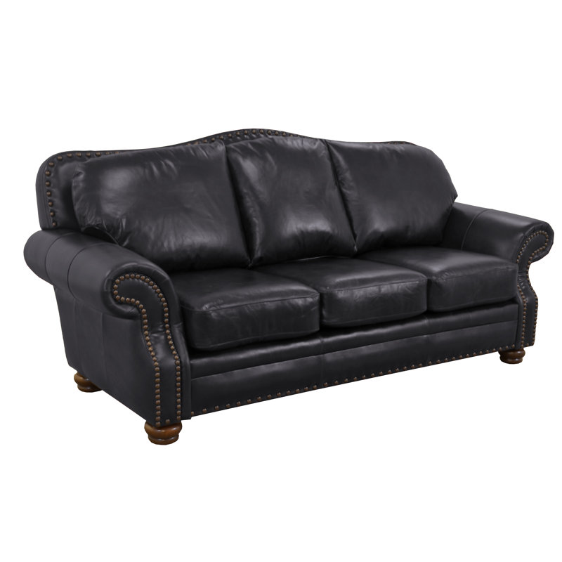 Somto 96" Genuine Leather Rolled Arm Sofa, Burnham Black Genuine Leather