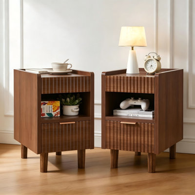Tables de chevet modernes en bois cannelé 2 pièces, avec tiroir et rangement ouvert, pour le salon, la chambre à coucher, la décoration intérieure, noyer