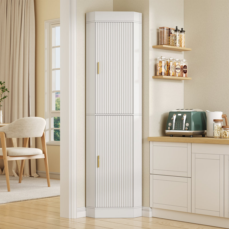 70.5’’ Tall Kitchen Pantry Cabinet With 2 Doors, Fluted Corner Cabinet For Kitchen, Dinning Room, Living Room, Bedroom, White