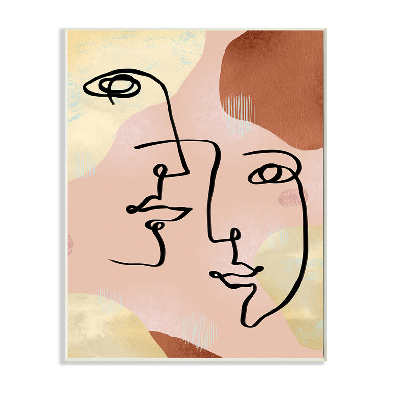 «Mixed faces», dessin au trait abstrait, brun et jaune par Ziwei Li - impression, H 19 po x l 13 po x P 0,5 po, Plaque murale