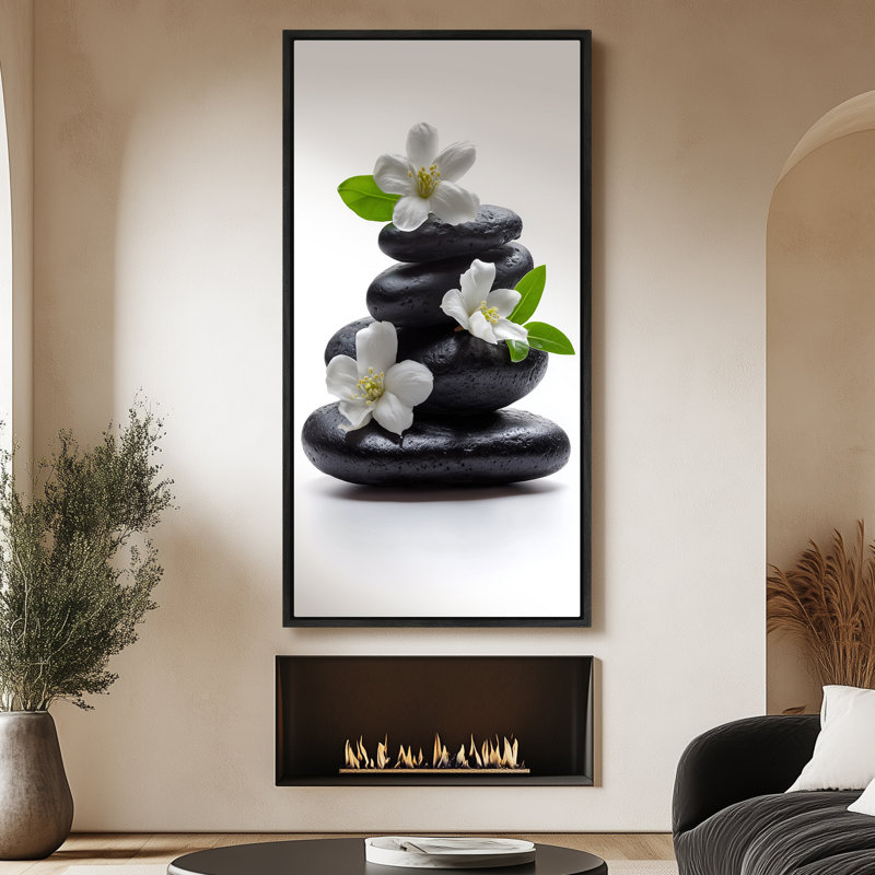 «Black Zen Stones» avec fleurs blanches et feuilles vertes, art très grand, impression sur toile encadrée, H 60 po x l 30 po