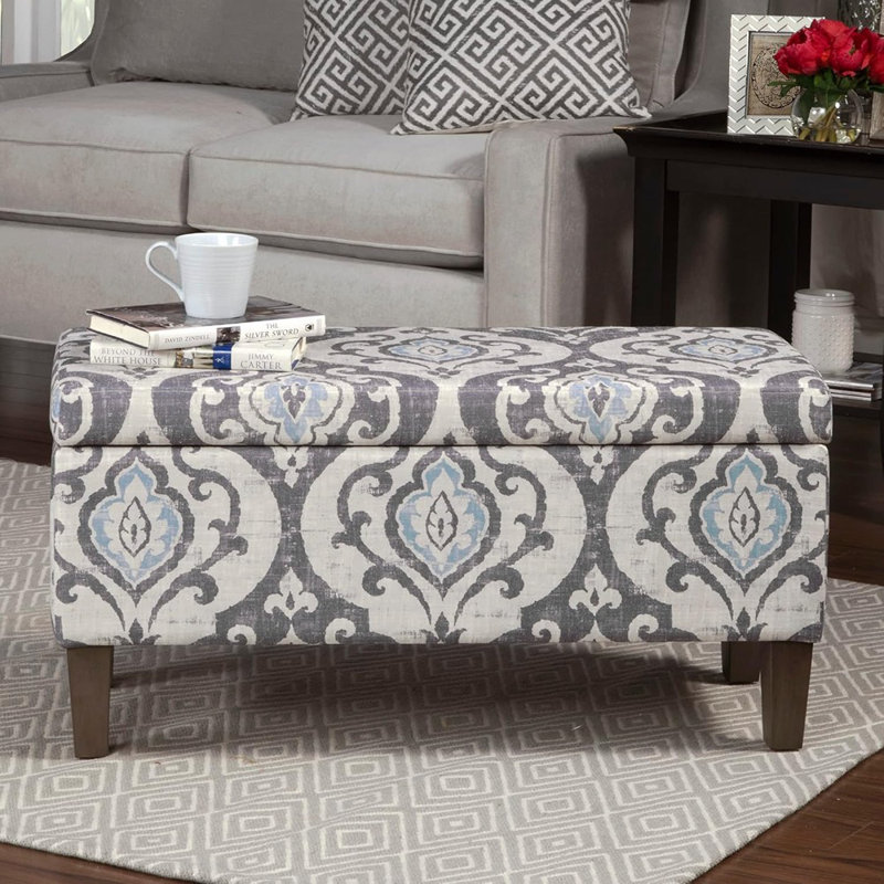 Large Upholstered Rectangular Storage Ottoman Bench With Hinged Lid, Slate Damask
