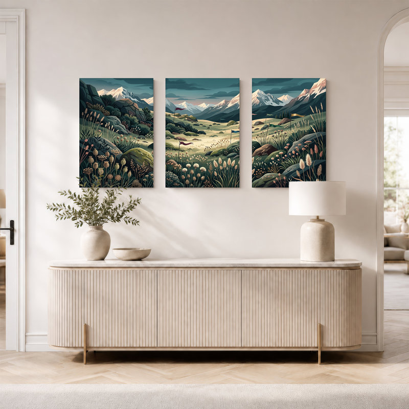 Art mural sur toile avec champ de fleurs sauvages et montagnes enneigées avec drapeaux, H 36 po x l 24 po x 3 pièces