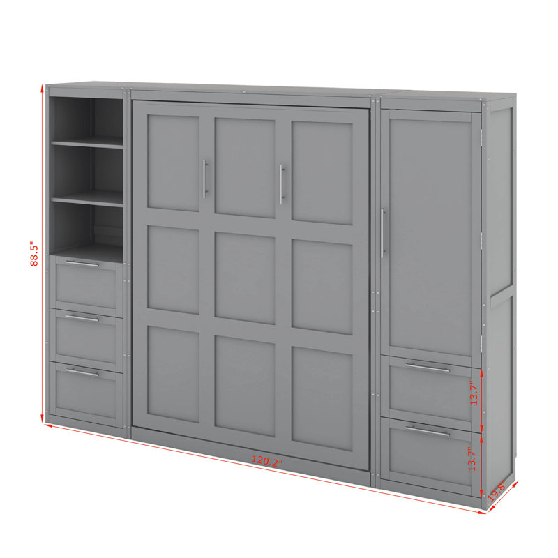 Grand lit escamotable avec placard, tiroirs et tablettes, Gris