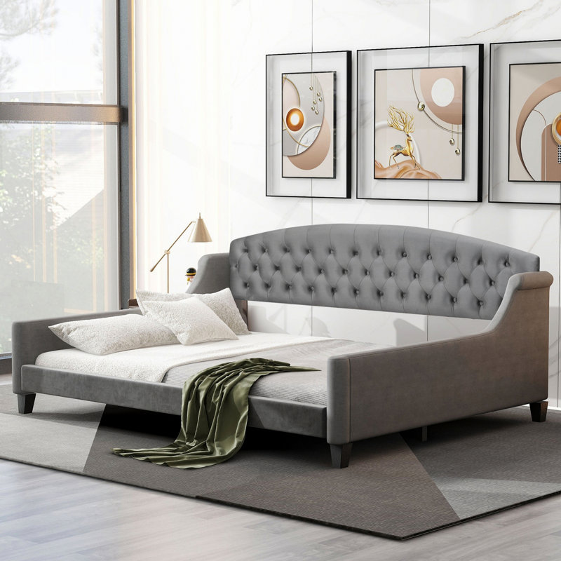 Modern Tufted Button Daybed With Plywood Frame, Gray, Full/Double