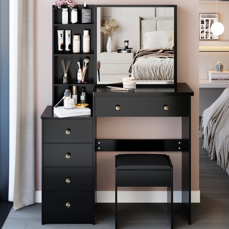 Meuble-lavabo 37 po avec tabouret rembourré 37 po, miroir coulissant 24 po x 22 po, rangement multicouche, habillage noir de style américain pour les espaces et tabourets de taille moyenne, style, espaces