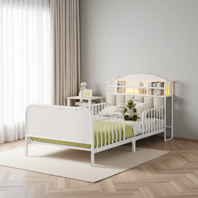 Metal Platform Bed Frame With Light, Kids Metal Bed With Upholstered And Storage Headboard
