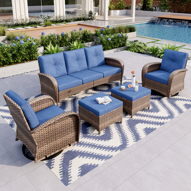 Five Pieces Rattan Outdoor Conversation Set With Swivel Lounge Chairs