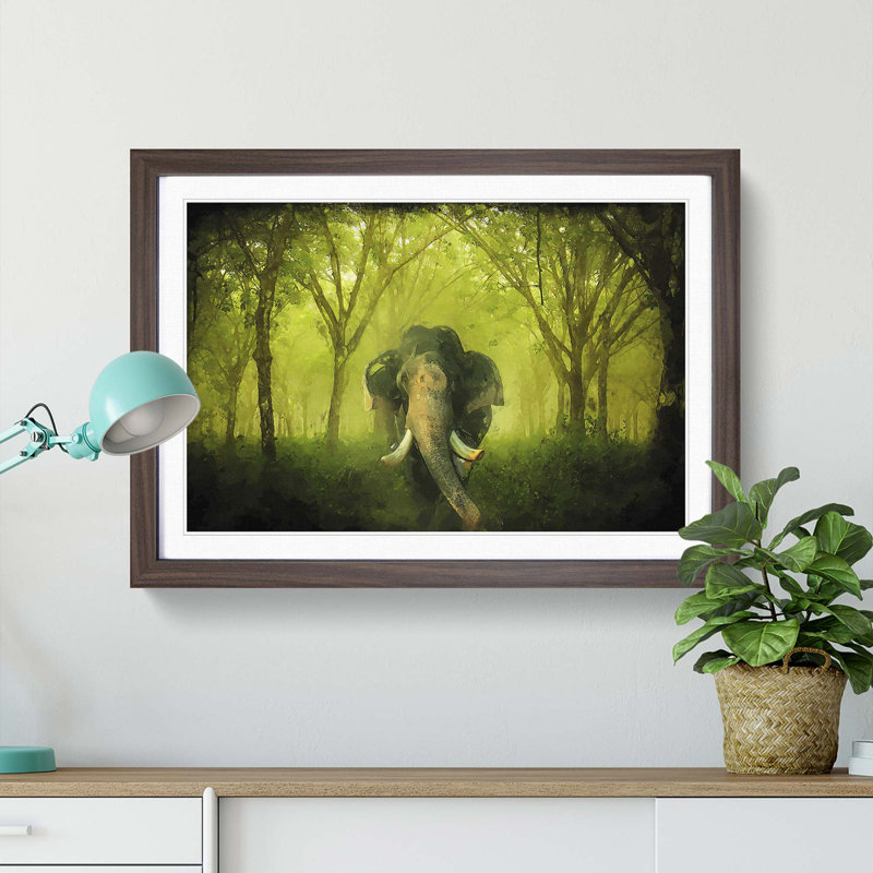 Marvellous Elephant in a Green Forest in Abstract - Picture Frame Painting Print, 40cm H x 60cm W x 2cm D, Walnut