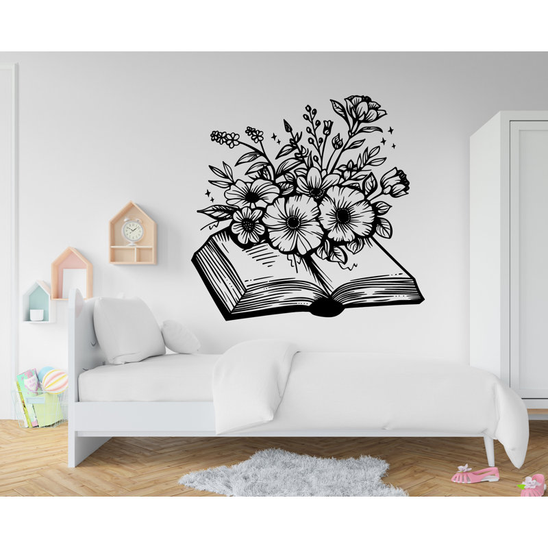 Autocollants muraux livre avec fleur en vinyle, décor de tablettes, H 22 po x l 24 po