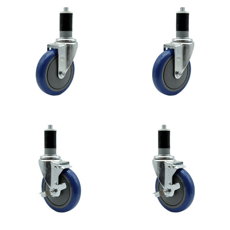 5 Inch Polyurethane Swivel 1-1/2 Inch Expanding Stem Caster Set 2 Brake SCC, gris