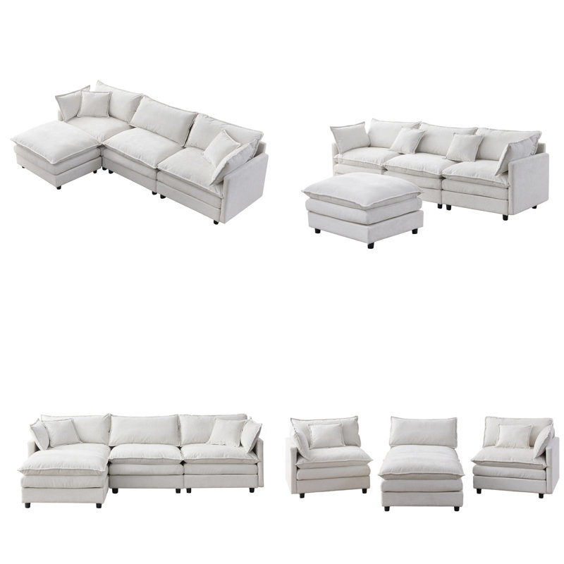 105" Modular L-Shape Sectional with Ottoman, Soft Chenille Fabric, 3-Seat, Beige