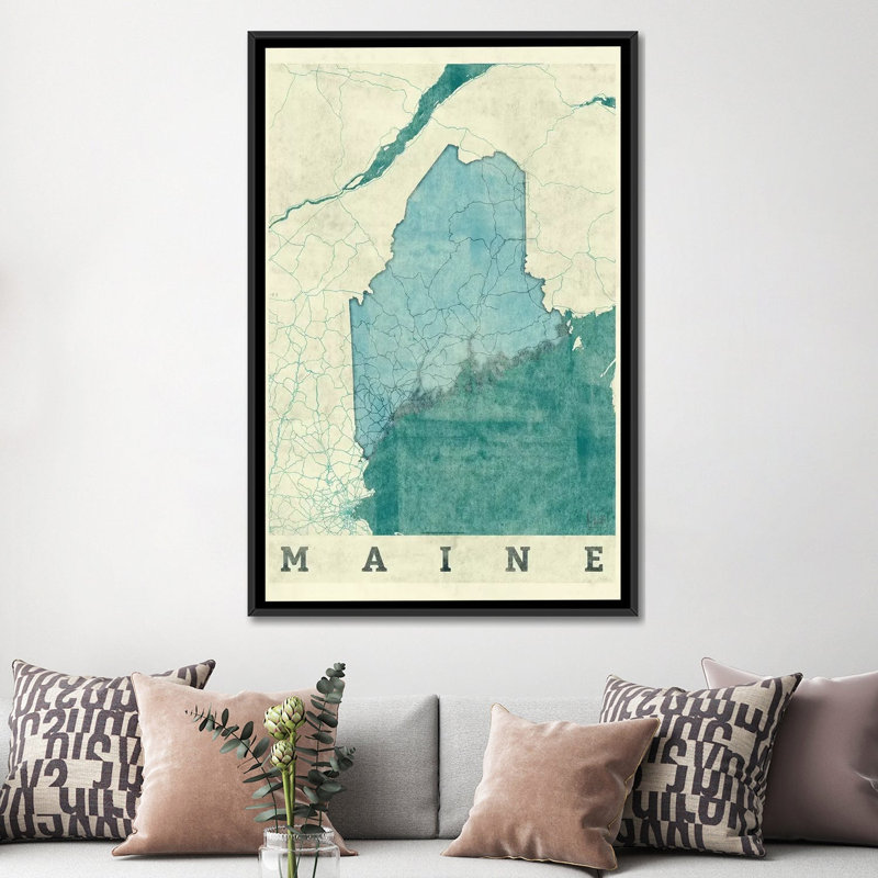 " Maine Map " by Hubert Roguski, 26" H x 18" W x 1.5" D, Black Framed Canvas, No Mat