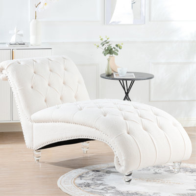 Chaise longue sans accoudoirs en blanc, avec assise large et stable, rembourrage en éponge élevée et taux de rebond élevé, technique d'emboutissage profond, ornée de clous à bulles, trois options de tissus - velours, tissu velours,