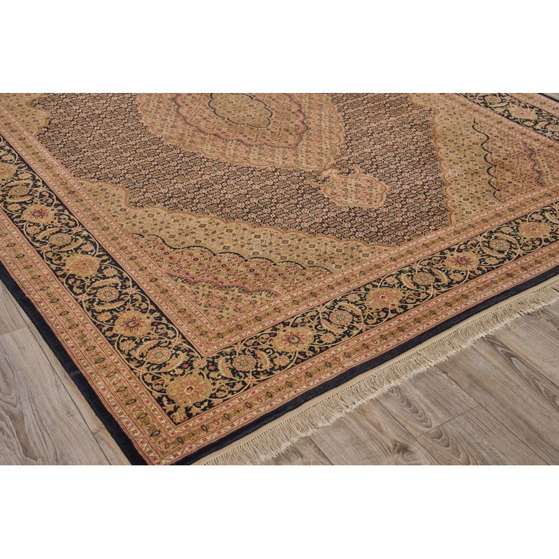 Hand-Knotted Black and Beige Floral Wool 8' x 10' Rug