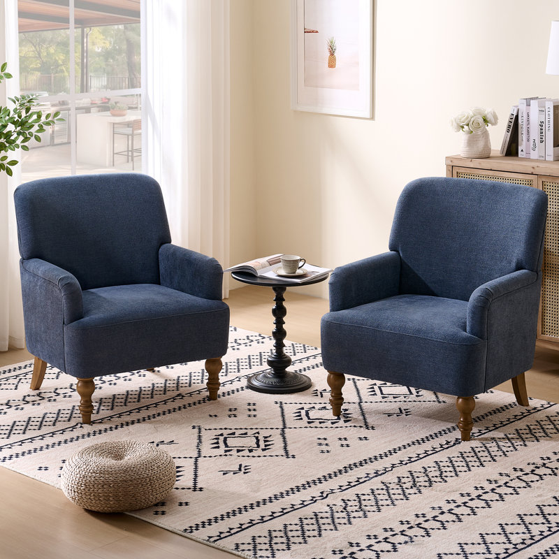 28.7" Upholstered Armchair With Tight Back And Solid Wood Legs（Set Of 2）, Blue