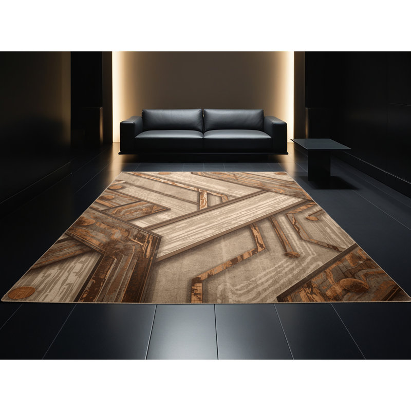 Tapis brun rustique et moderne lavable à la machine Pavni Quantum, 7 x 9