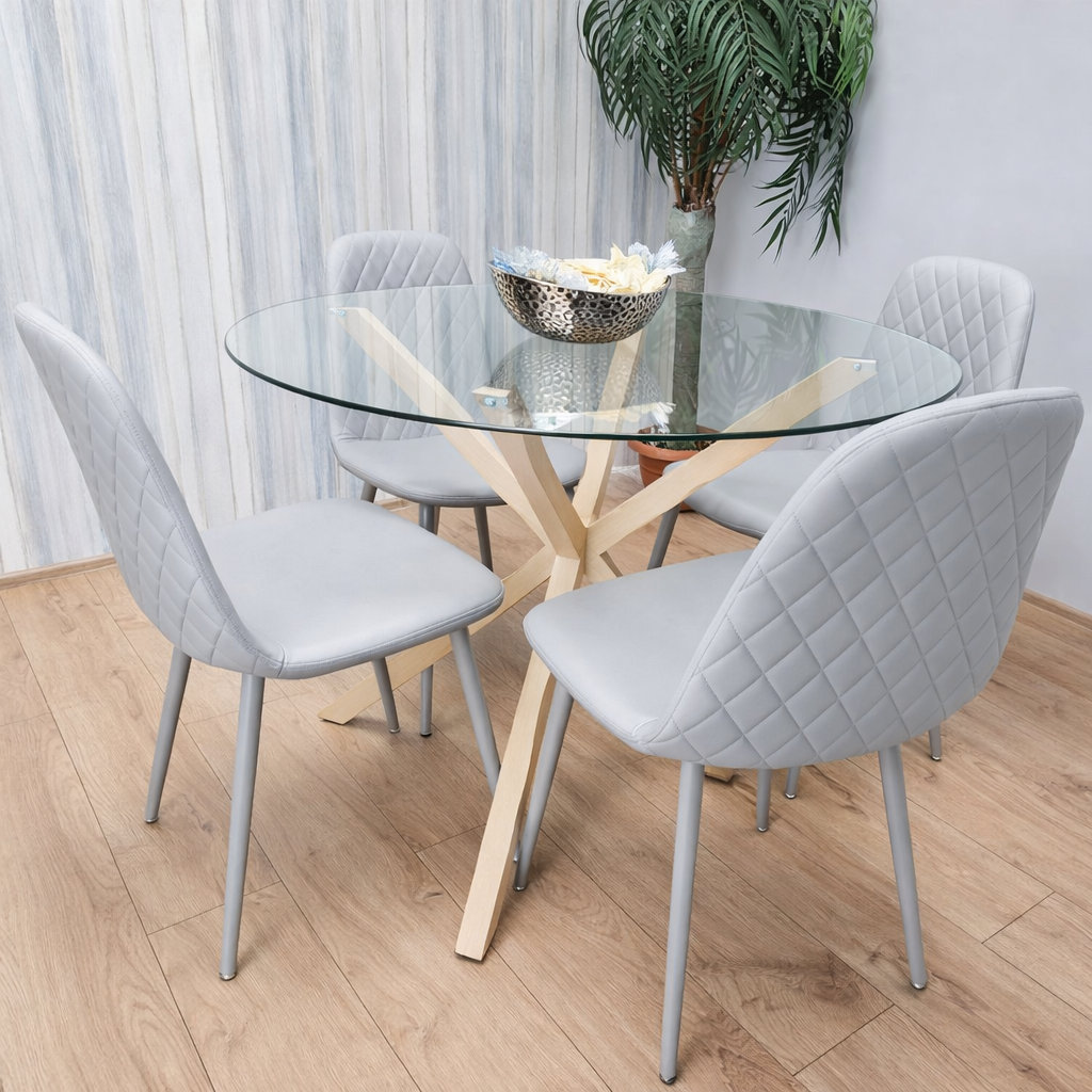 Kosy Koala Round Glass Dining Table Set with 4 Grey Faux Leather Gem Pattern Chairs for Kitchens and Dining Rooms - Image 6