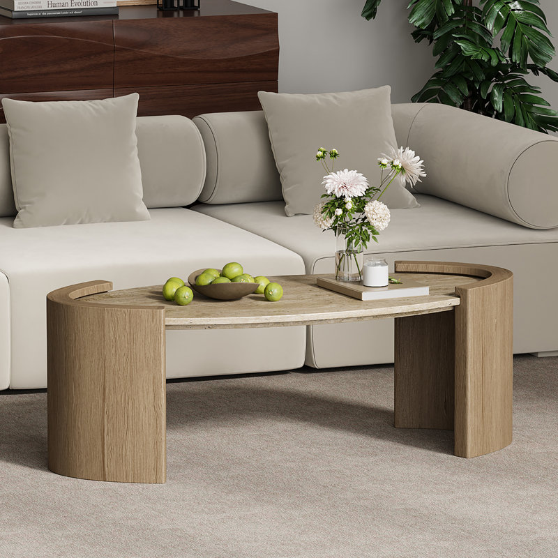 Table basse ovale en travertin de 43 po avec plateau en pierre de travertin de style japonais 43 po avec surface en pierre beige naturelle et base en bois d'ingénierie pour le salon et la salle de séjour