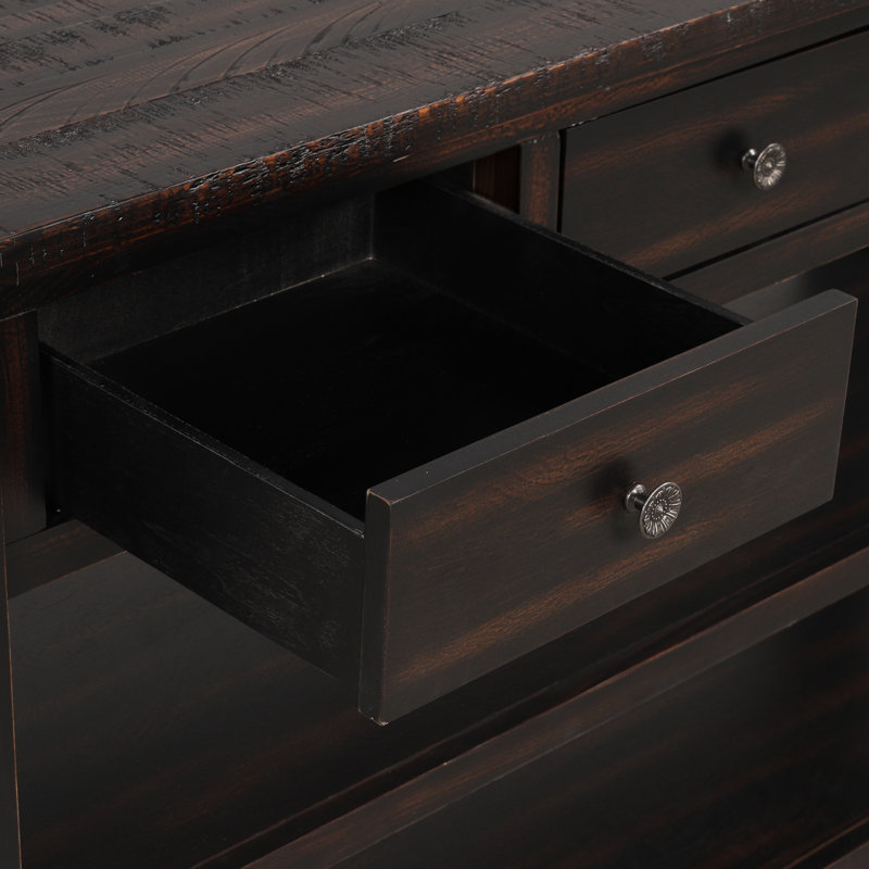 Console moderne de 48 po en bois de pin massif avec 3 tiroirs et 2 tablettes, finition noire vieillie pour le salon, et tablettes pour chambre à coucher industrielle