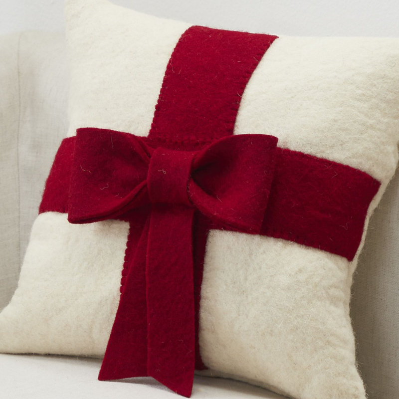 Christmas Pillow Cover in Hand Felted Wool - 20", Cream/Red bow, Pillow (includes insert), 14" x 14"