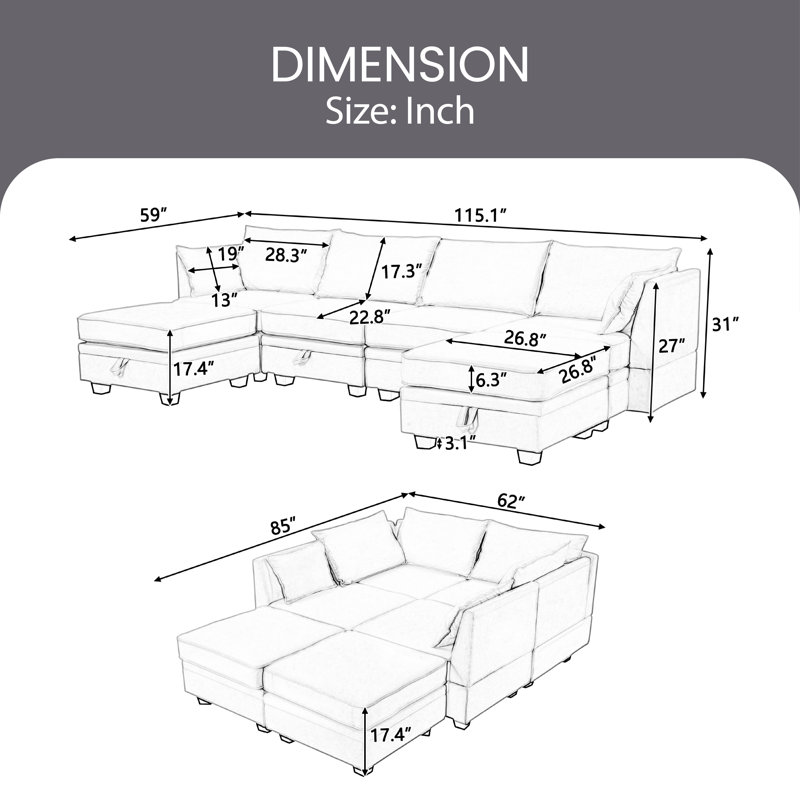 Jocimar Upholstered Sectional, Gray 100% Linen